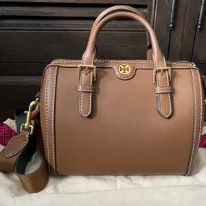 Tory Burch T Monogram Leather Barrel Bag - Moose/tan